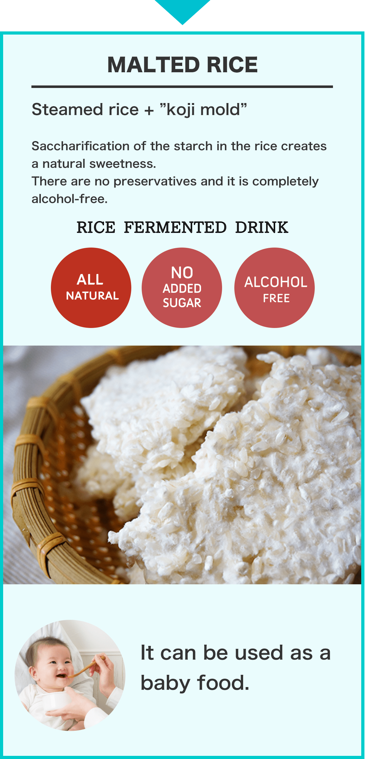 米糀（こめこうじ）から 蒸したお米 +「糀菌」米糀は、蒸したお米に「糀菌」を加え、発酵させたものです。米の中のデンプンが糖化して、自然な甘みを作りだします。 「お米のヒミツ☆」は合成添加物０ 砂糖・甘味料０ アルコール０ 赤ちゃんや妊婦さんも安心して飲むことができます。